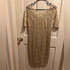 Laundry beige with gold floral overlay dress, size 4, new with tags.